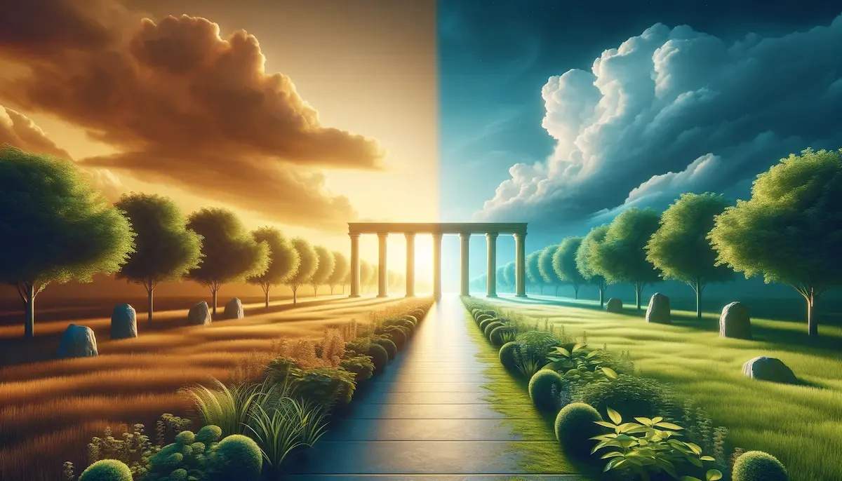 Serene landscape symbolizing Aristotle's Golden Mean with a balanced path flanked by Greek columns