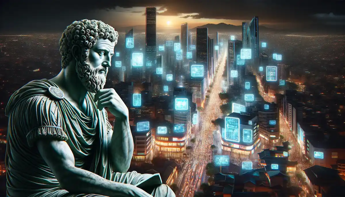 A statue of Marcus Aurelius gazes contemplatively over a modern city at night, illuminated by the glow of screens and digital lights, symbolizing the enduring relevance of Stoic wisdom in the digital age.